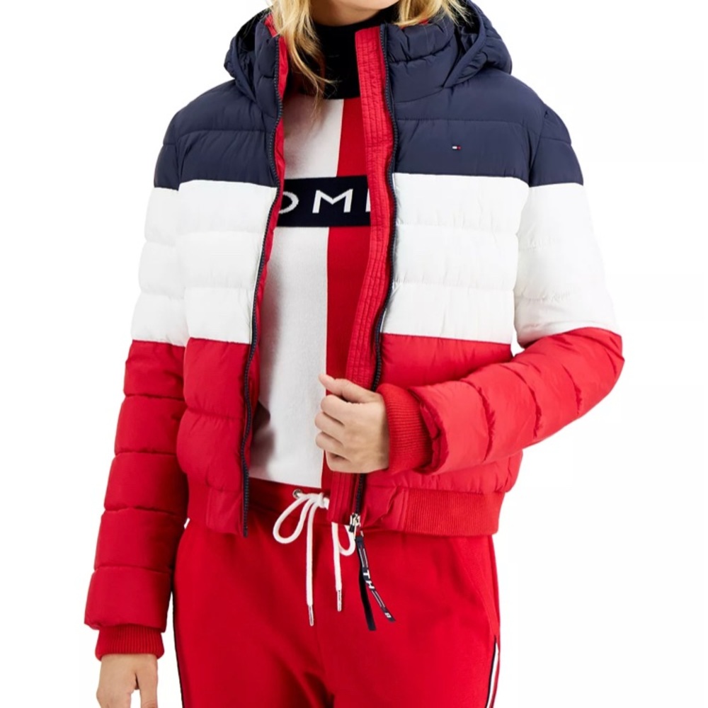 Tommy Hilfiger Womens Colorblocked Hooded Puffer Jacket